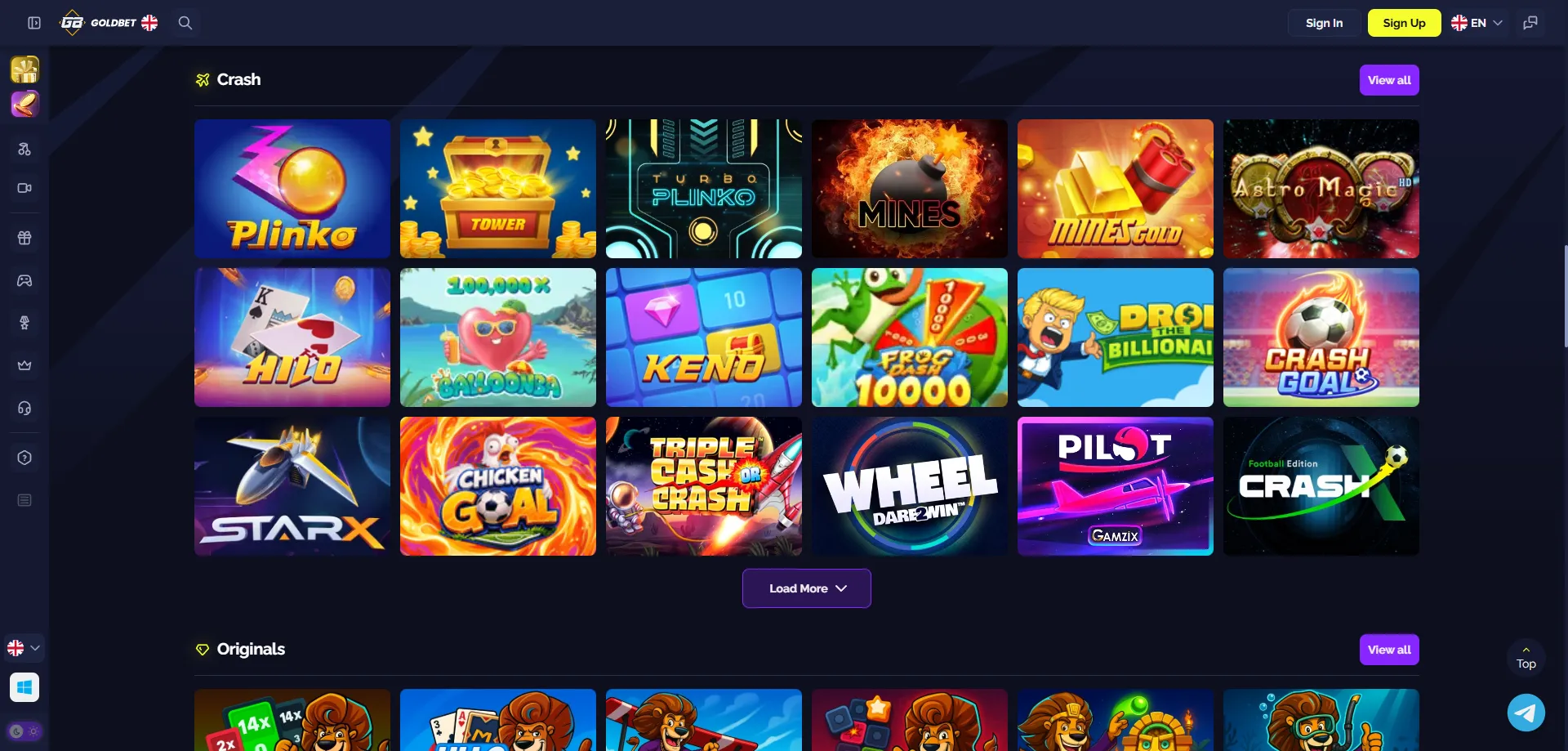 Goldbet Casino game library — slots live casino and crash games